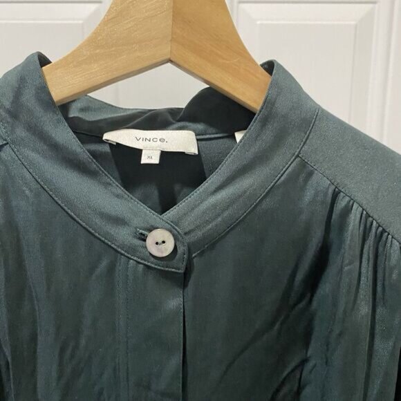 VINCE Women's  Silk Mandarin Collar Button Down Shirt XL Green Belt Pockets - Picture 8 of 10